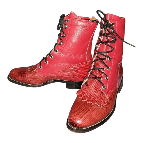 Justin Women's Red African Dress Lizard & Kipskin Lace-Up Boots Style Rare Vntg - Picture 1 of 10